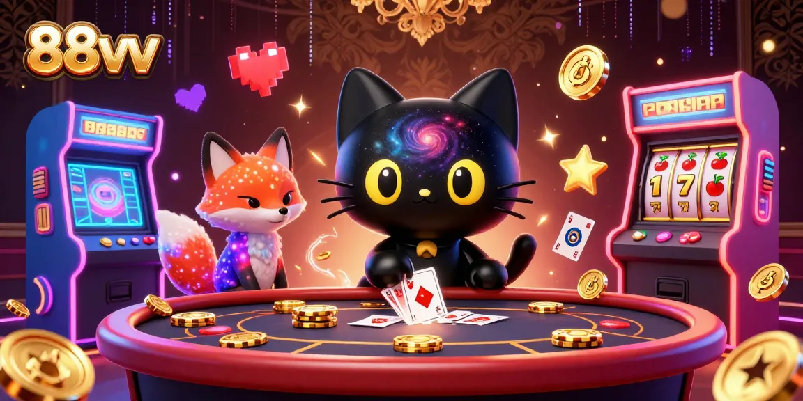 88vv showcases a vibrant cosmic casino scene with a black hole cat and nebula fox pulling in golden chips.