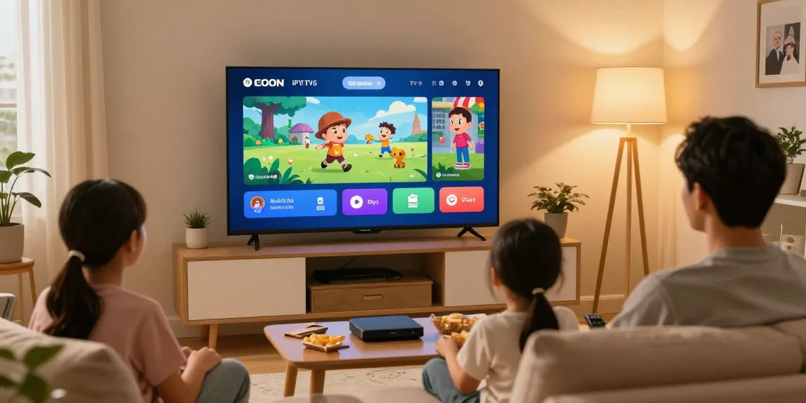 Abonnement IPTV : famille profitant de la télévision en direct et VOD dans un cadre chaleureux et convivial.