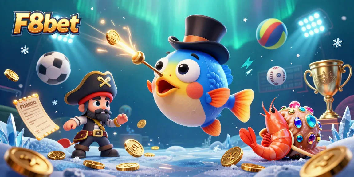 Experience thrilling sports betting with F8bet, showcasing dynamic elements like sports balls and golden coins.