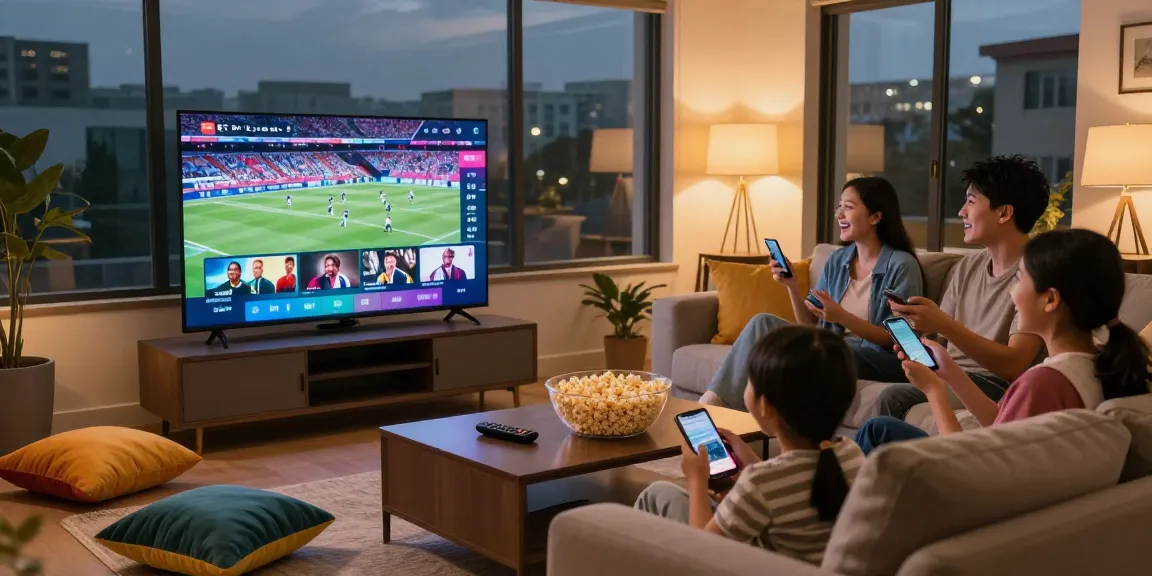 Profitez d'un abonnement iptv dans un salon moderne avec une famille appréciant la télévision.