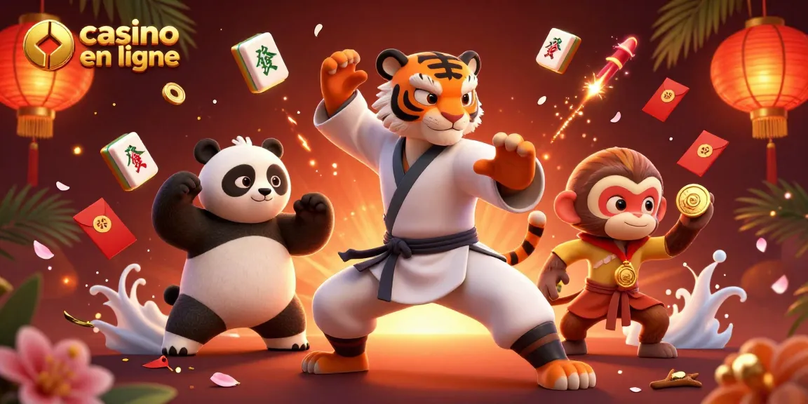 Visuel captivant de casino en ligne avec un tigre maître kung fu, un panda, et un singe, entourés d'éléments ludiques.