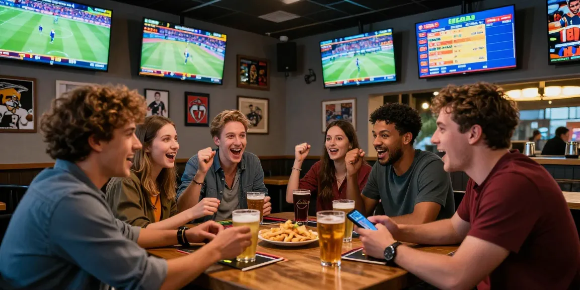 Scène dynamique de paris sportifs illustrant la limite de gains paris sportifs avec des amis plaçant des paris dans un bar moderne.