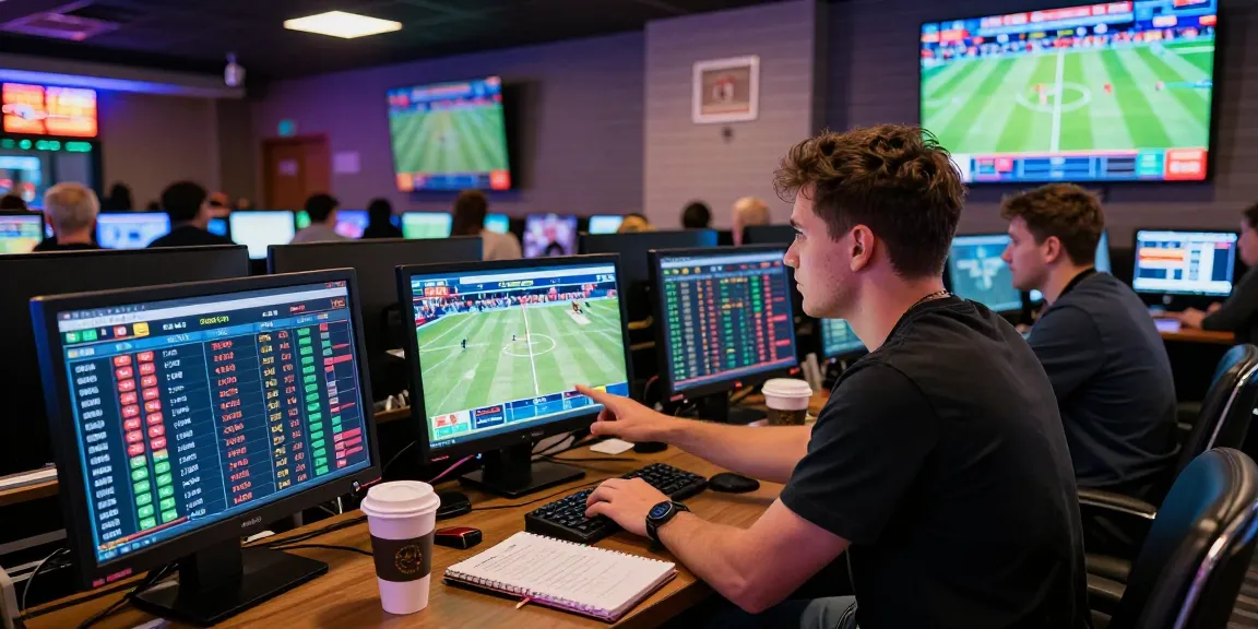 Scène dynamique de paris sportifs illustrant la limite de gains paris sportifs avec un parieur professionnel analysant des statistiques sur plusieurs écrans.