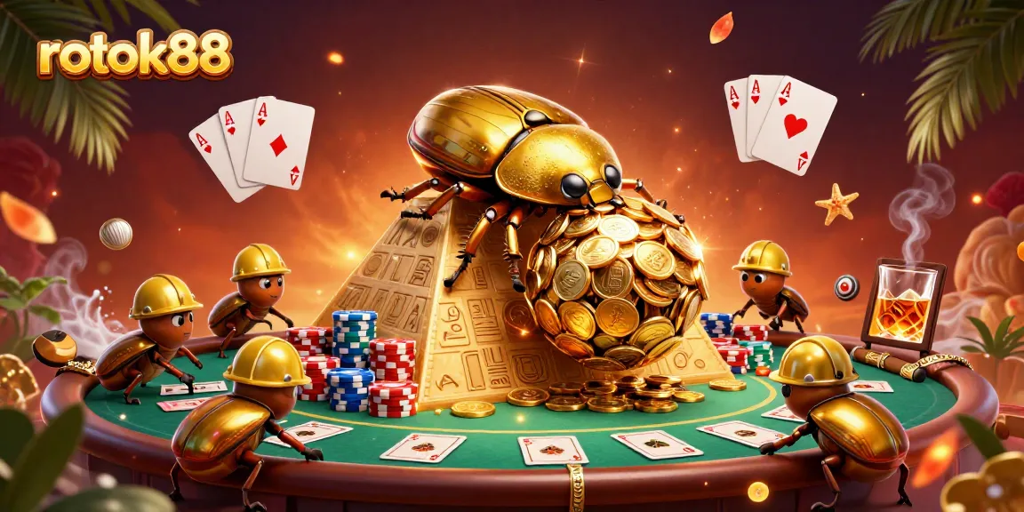 rokok88 highlights a masterful scene with golden beetles themed around casino excitement and poker.