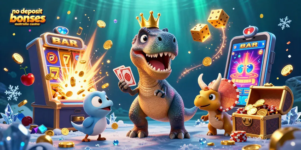 No deposit bonuses Australia casino features a T-Rex and dino friends enjoying casino games with vibrant elements.
