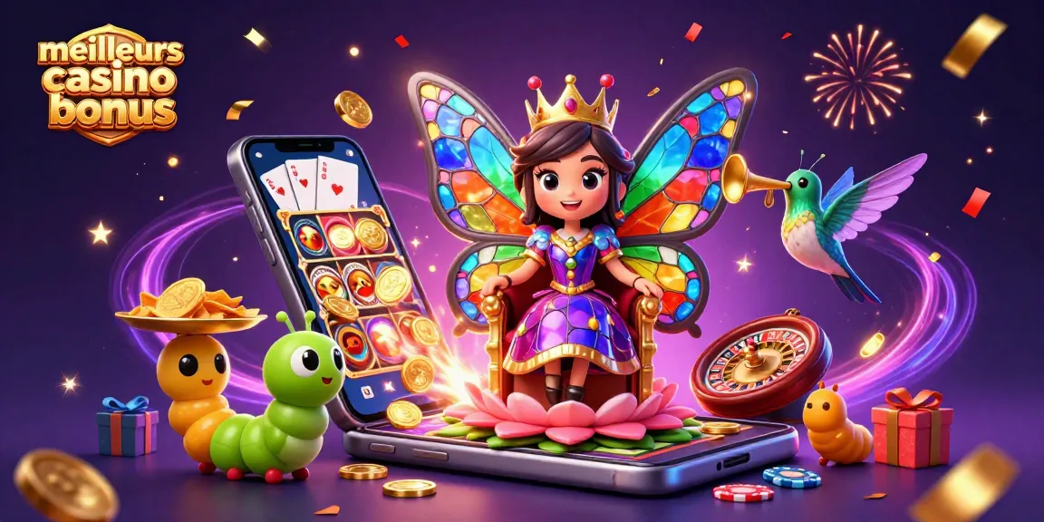 Visualisez les meilleurs casino bonus avec une reine papillon et des serviteurs, des éléments de jeu éparpillés.