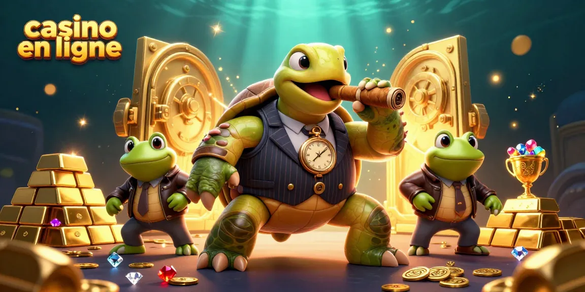 Vivez l'excitation du casino en ligne avec une tortue en costume dans une salle pleine de trésors.