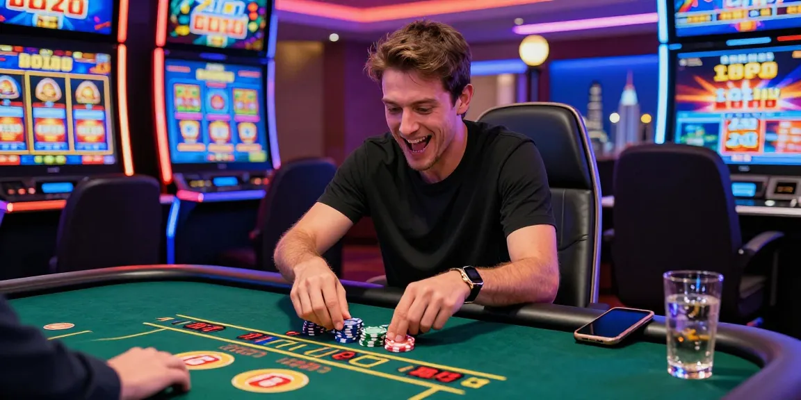 Joueur au casino en ligne France, profitant d'un jeu de blackjack avec ambiance festive et opportunités de gains.