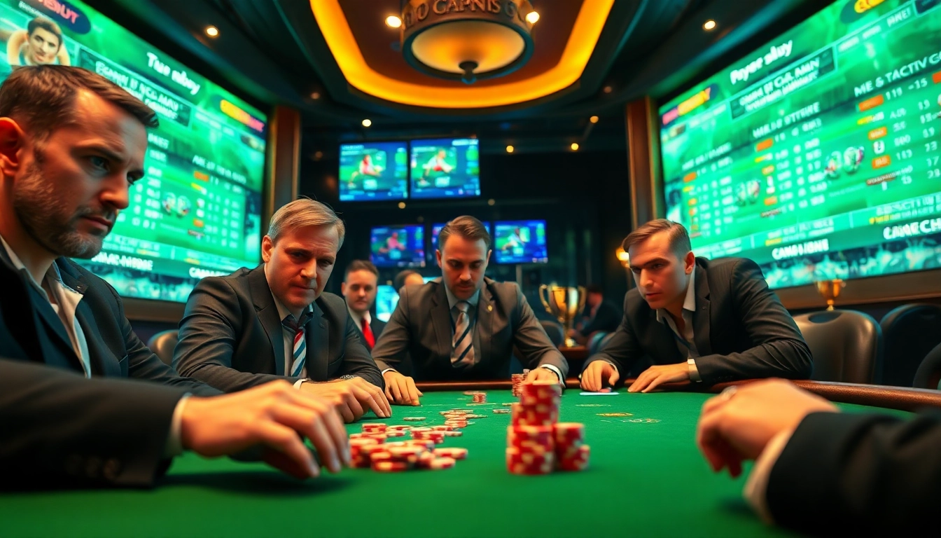 Miser sur paris sportif rugby avec des joueurs concentrés à une table de casino thématique.