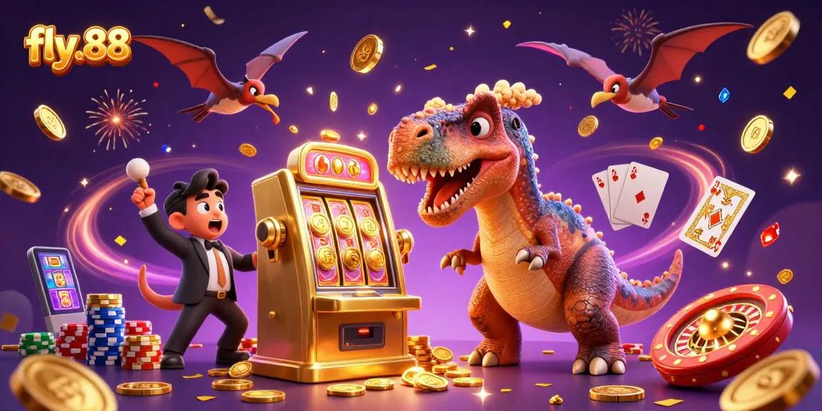Experience fly.88's thrilling jackpot action with a pachycephalosaurus at a golden slot machine in a vibrant casino scene.