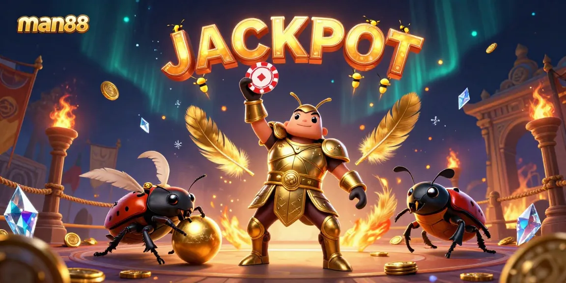 Experience excitement at man88 with our heroic 3D illustration showcasing a beetle-themed casino game.