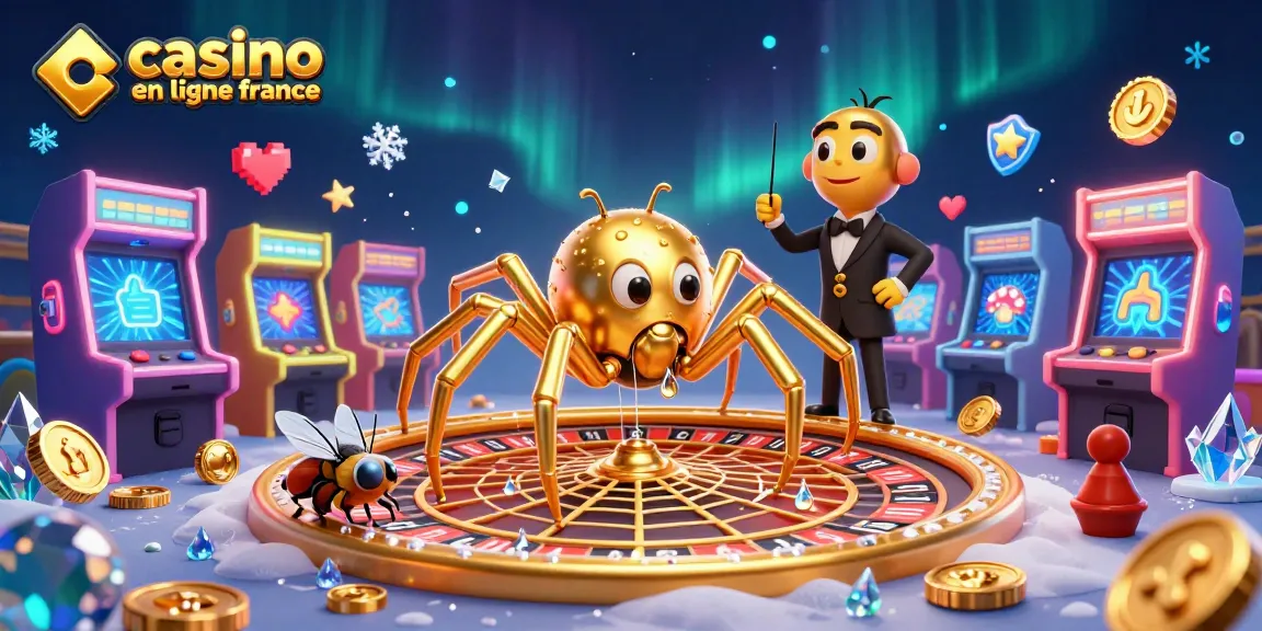 Casino en ligne France : Illustration d'une araignée dorée et d'un croupier centipède animant une scène de jeu dynamique.