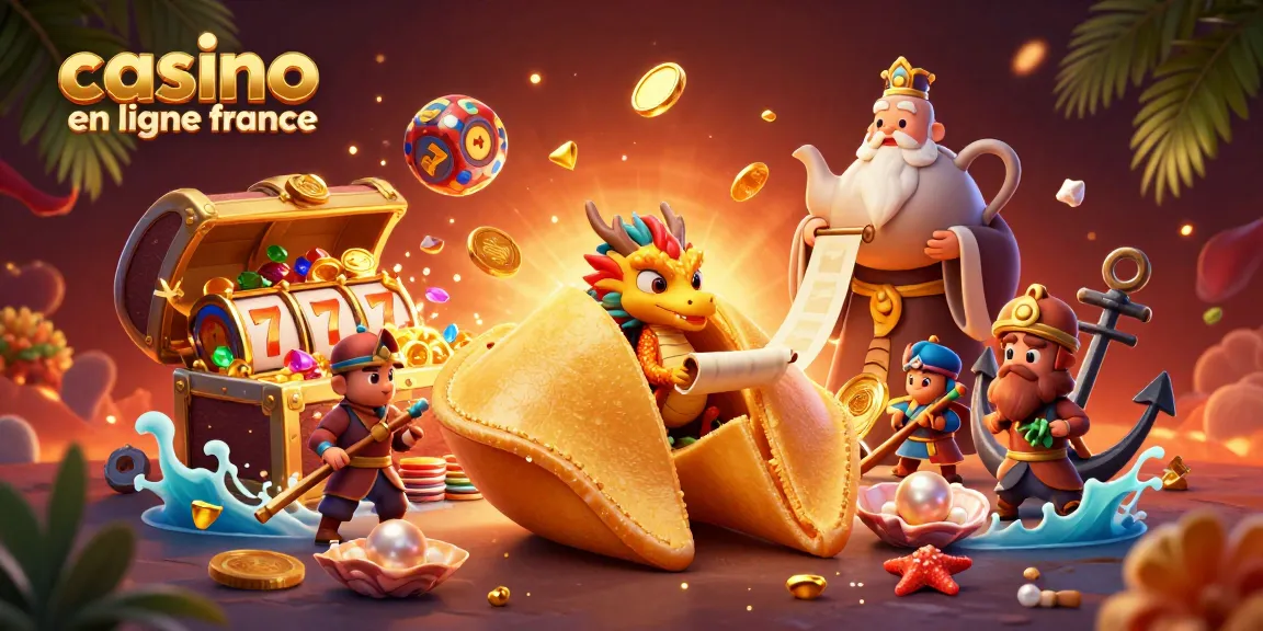 Admirez un casino en ligne France animé avec une cookie fortune dorée et un dragon sage.