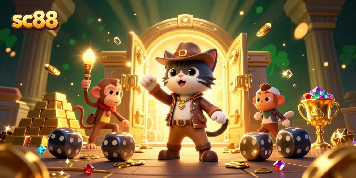 sc88 showcases a cartoon cat archaeologist discovering casino treasures, surrounded by gold and vibrant elements.