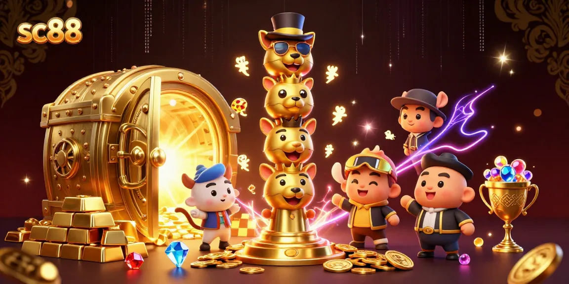 sc88 totem pole surrounded by treasures and casino elements in vibrant 3D illustration.