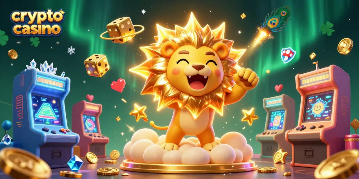 Jouez sur un crypto casino avec un lion enflammé, des dés dorés, et des machines à sous colorées flottant dans l'espace.