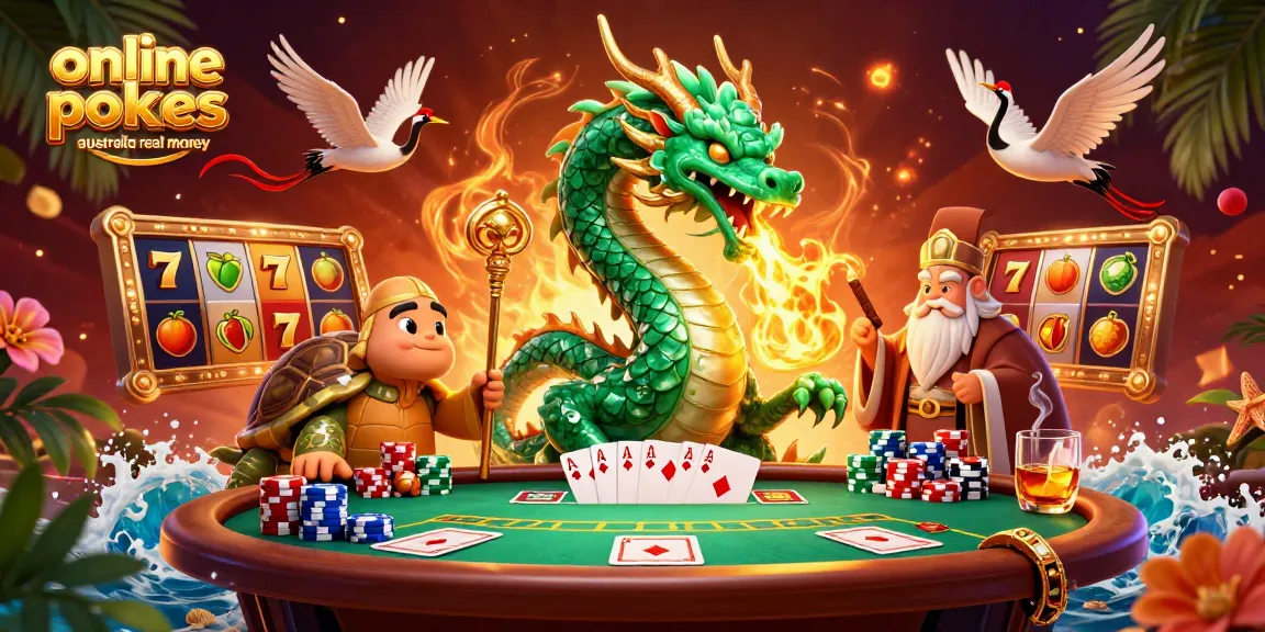 Spin to win at online pokies Australia real money with dynamic scenes of lucky dragons and slot symbols galore.