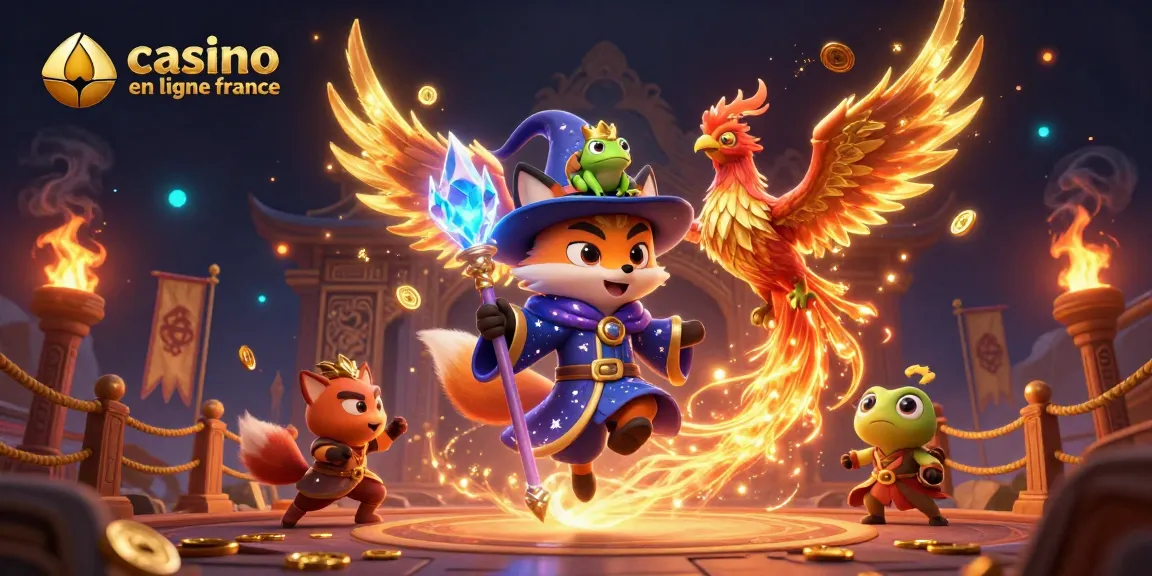 Visualisez une scène dynamique de casino en ligne France avec un renard sorcier et un phénix, entourés d'éléments de jeu.
