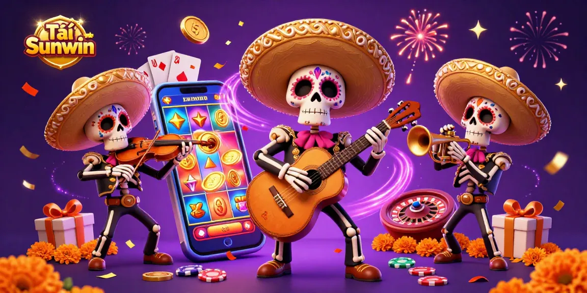 Experience Tải Sunwin with vibrant slots and a lively mariachi band amidst gaming excitement.