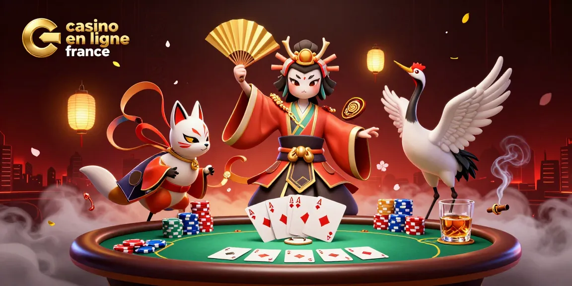 Illustration dynamique d'un kabuki et d'un masque kitsune dans un casino en ligne France.
