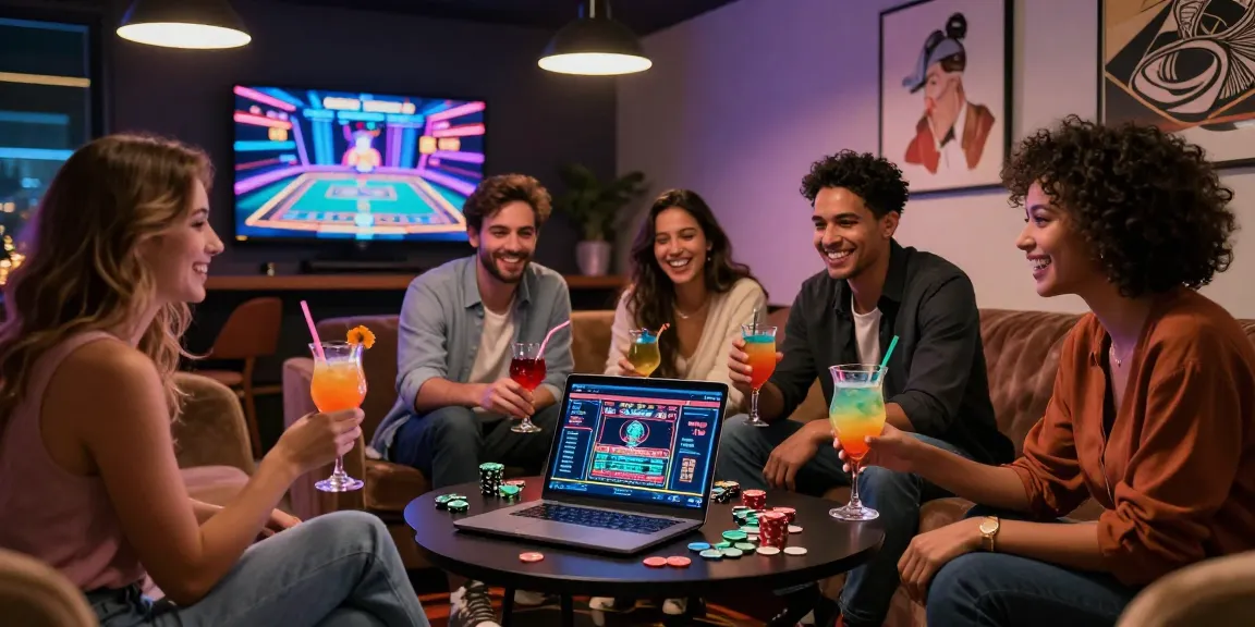 Scène de casino en ligne en France avec des amis jouant et s'amusant ensemble.