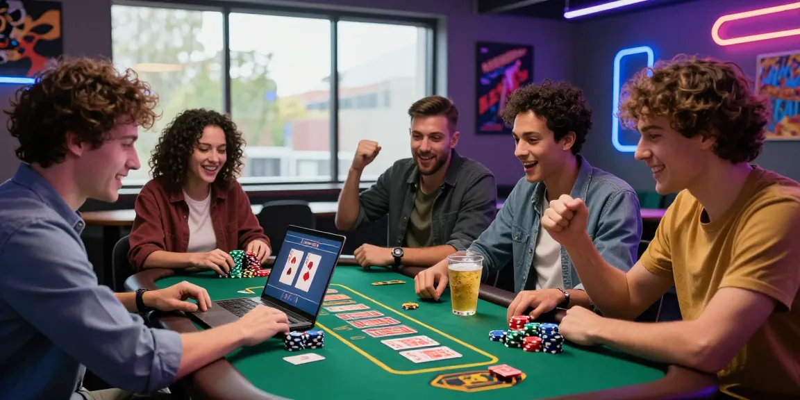 Scène de jeu de casino en ligne France avec des amis jouant autour d'un ordinateur portable, ambiance festive et stratégique.