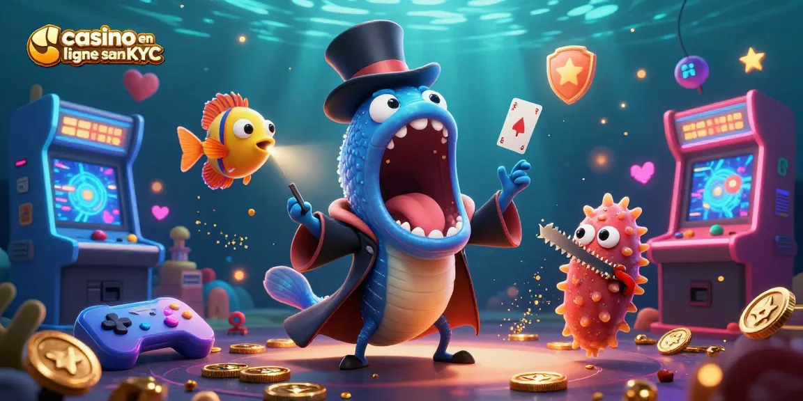 Illustration de casino en ligne sans KYC avec un poisson-hachette et une anguille faisant des tours de magie.