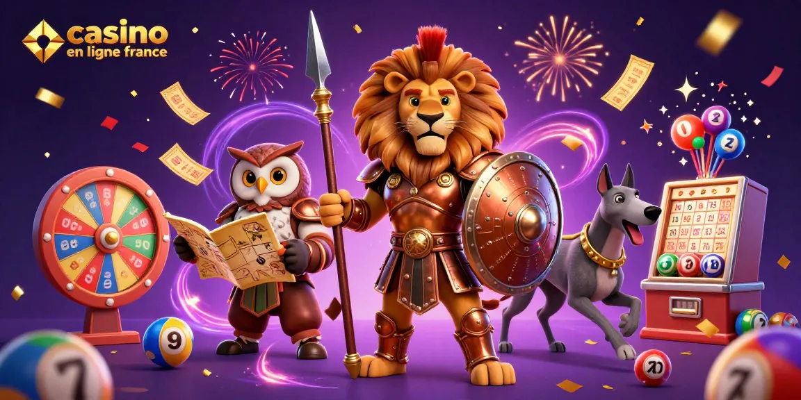 Casino en ligne France : Lion en armure aux côtés d'un hibou et d'un lévrier, jeux colorés en arrière-plan.