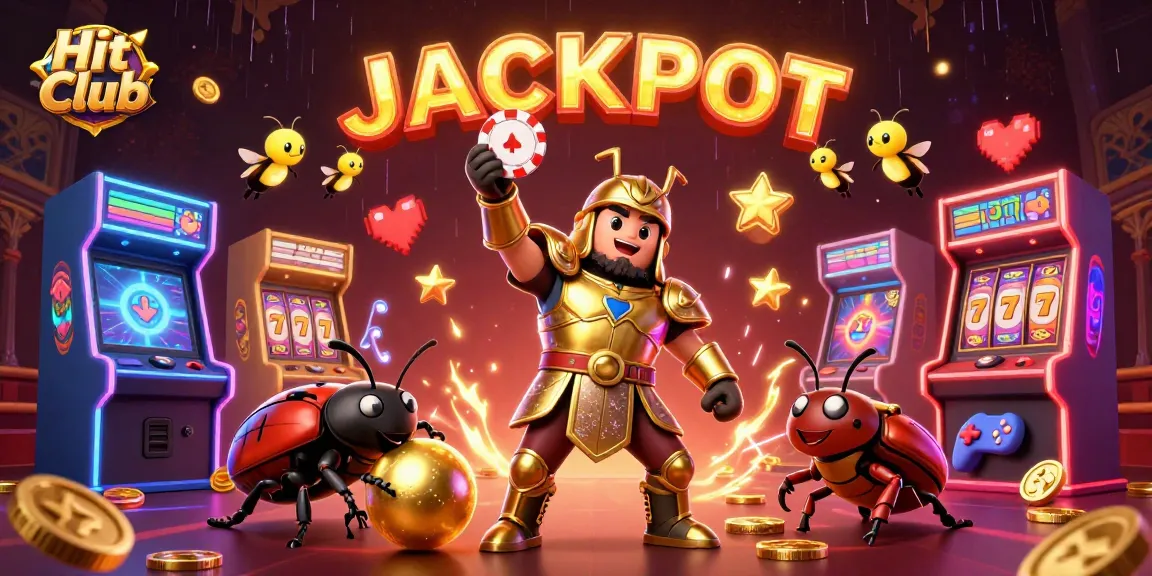 Hit Club showcases a rich casino scene with a victorious beetle character and glowing gaming elements.