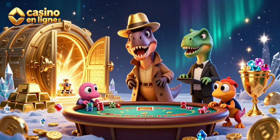 Illustration dynamique de casino en ligne France avec des personnages de dinosaures et une ambiance festive.
