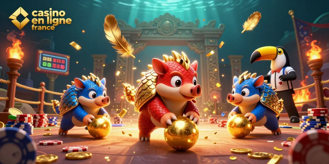 Jouez au casino en ligne France avec des pangolins rivaux dans une scène festive remplie de jetons et d'or.