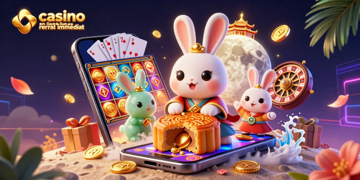 Jouez dans un casino en ligne retrait immédiat avec des symboles de jeux colorés sur des mooncakes dorés.