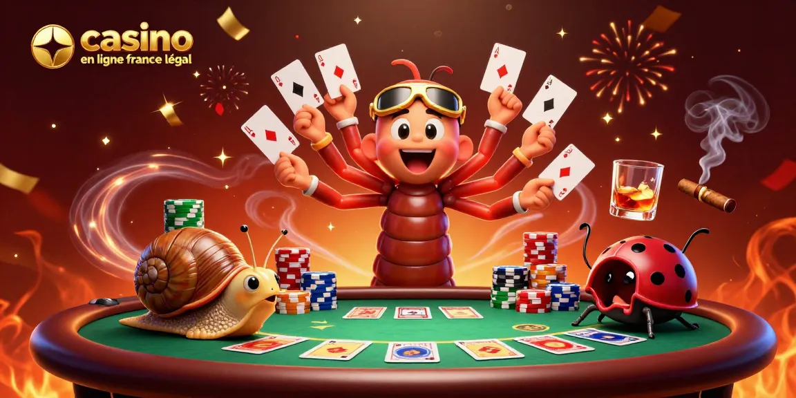 Découvrez un casino en ligne légal en France vibrant avec des personnages animés, des jetons et des cartes en action.