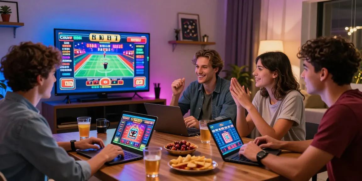 Amis jouant ensemble sur un casino en ligne France dynamique, ambiance chaleureuse et festive.