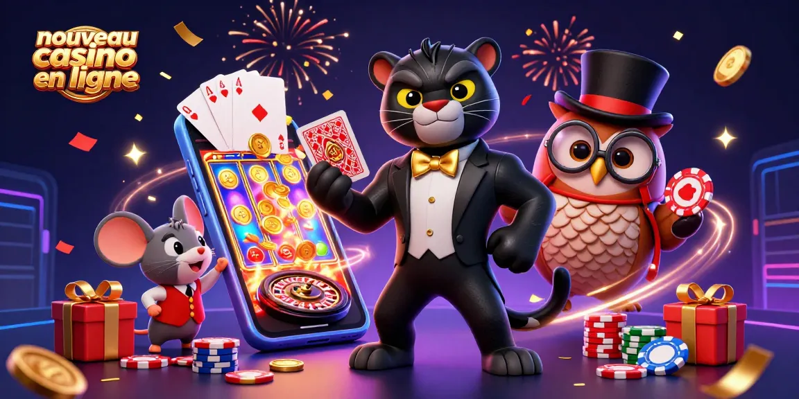 Illustration captivante de nouveau casino en ligne avec des personnages animés et des éléments de jeu.