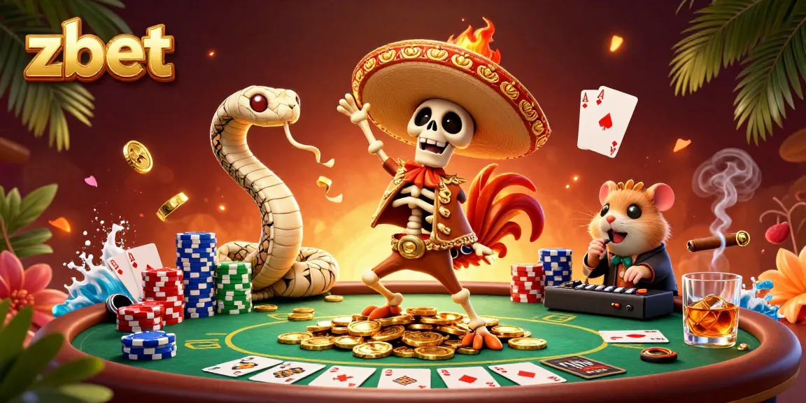 ZBET shines with a vibrant 3D casino scene featuring a skeleton mariachi rooster dancing amidst poker elements and gold coins.