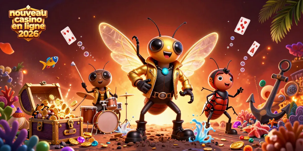 Célébrez le nouveau casino en ligne 2026 avec des personnages animés et des pièces d'or, une scène dynamique.