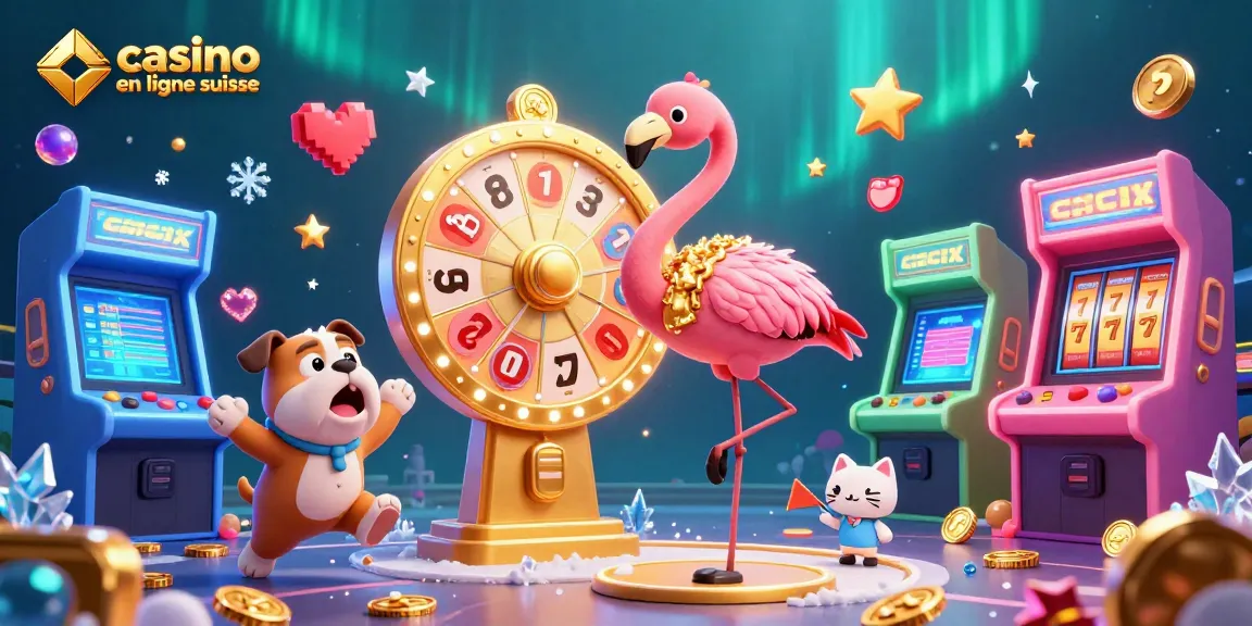 Visuel de casino en ligne suisse avec un hôte en flamant rose, un bulldog et un chat assistant.