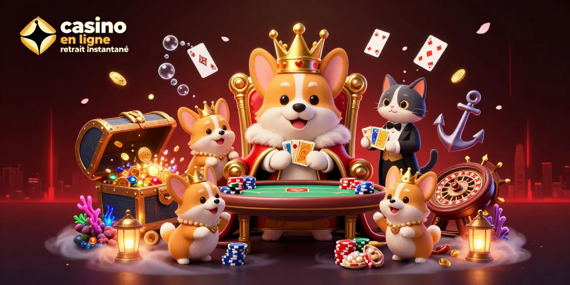 Vivez l'excitation du casino en ligne retrait instantané avec un corgi royal entouré de cartes et de jetons.