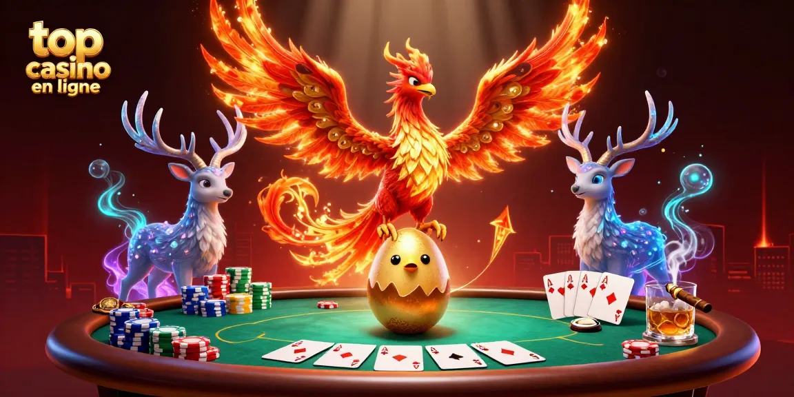 Jouez au top casino en ligne avec cette illustration animée de phoenix et poker.