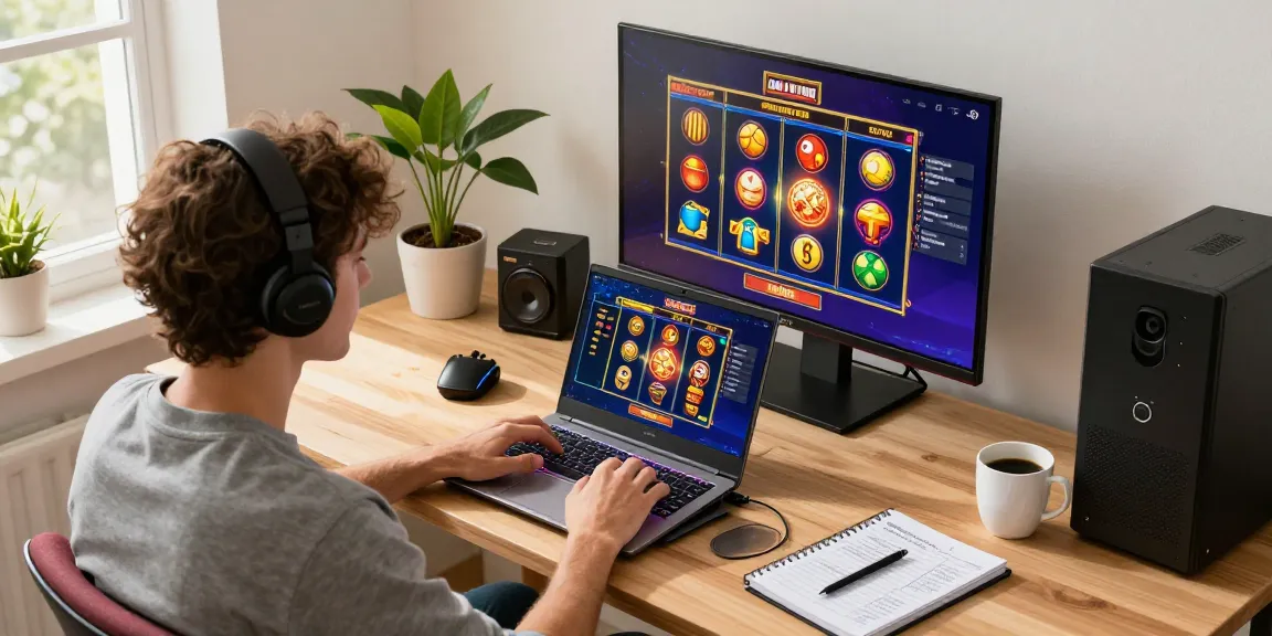 Joueur dans un casino en ligne France, profitant d'un jeu sur laptop dans un espace de travail moderne avec accessoires de jeu.