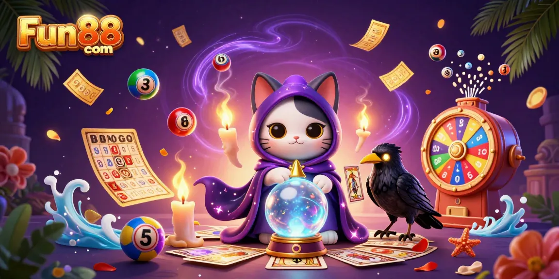 Engage with Fun88 com's vibrant lottery scene featuring colorful balls and mystical characters.
