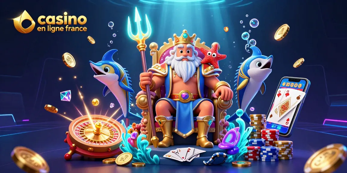 Jouez à casino en ligne en France avec Neptune, le roi des mers, entouré de jetons et de cartes.