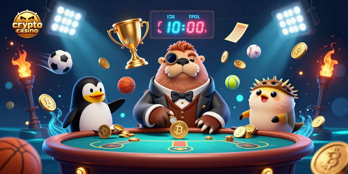 Le crypto casino montre un morse jovial jouant aux cartes, entouré de pièces de Bitcoin et Ethereum.