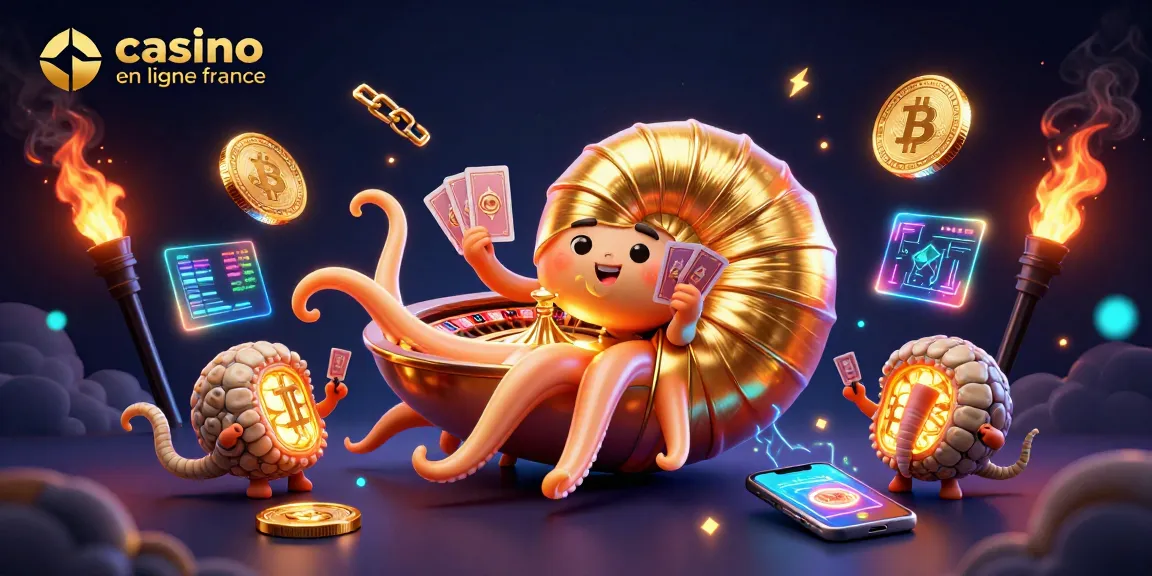 Découvrez une illustration 3D captivante du casino en ligne France avec un nautile géant, symbole de la roulette, entouré de cryptomonnaies animées.