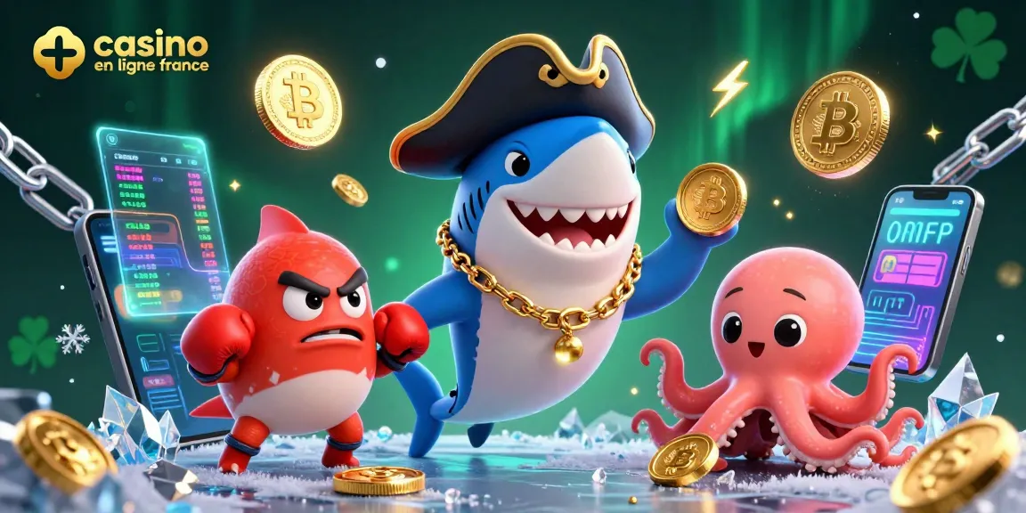 Explorez le monde du casino en ligne France avec notre illustration vibrante et interactive, comprenant des pièces de crypto-monnaie.