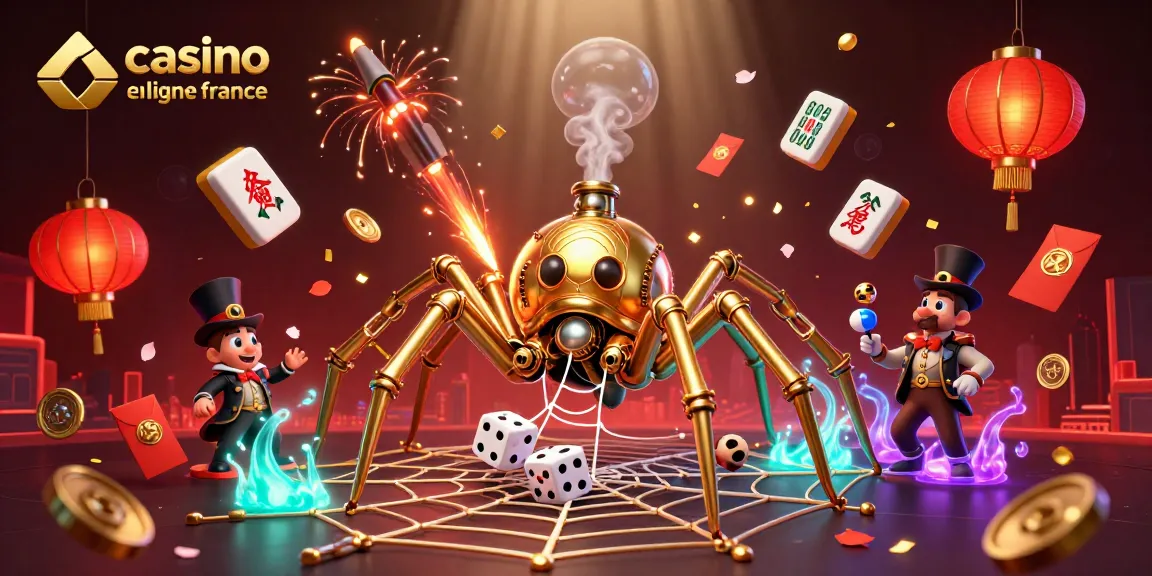 L'illustration 3D évoque le thème des casinos en ligne France avec une araignée steampunk et des éléments de jeu captivants.