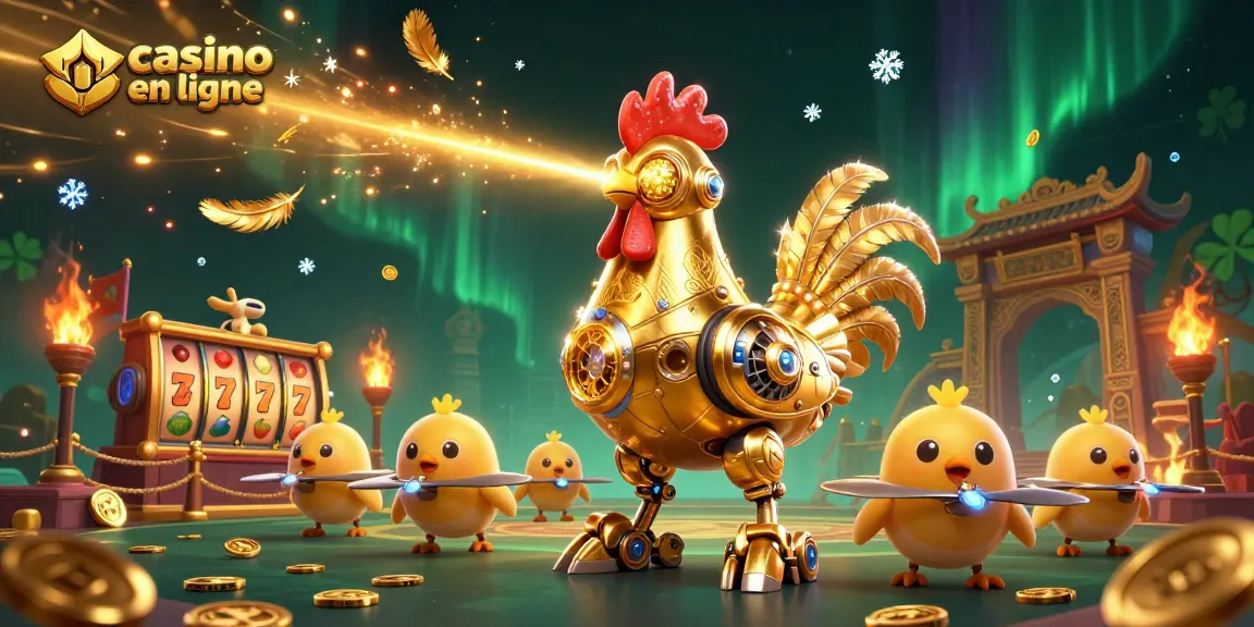 Visualisez une scène dynamique de casino en ligne France avec un robot coq doré et des drones.