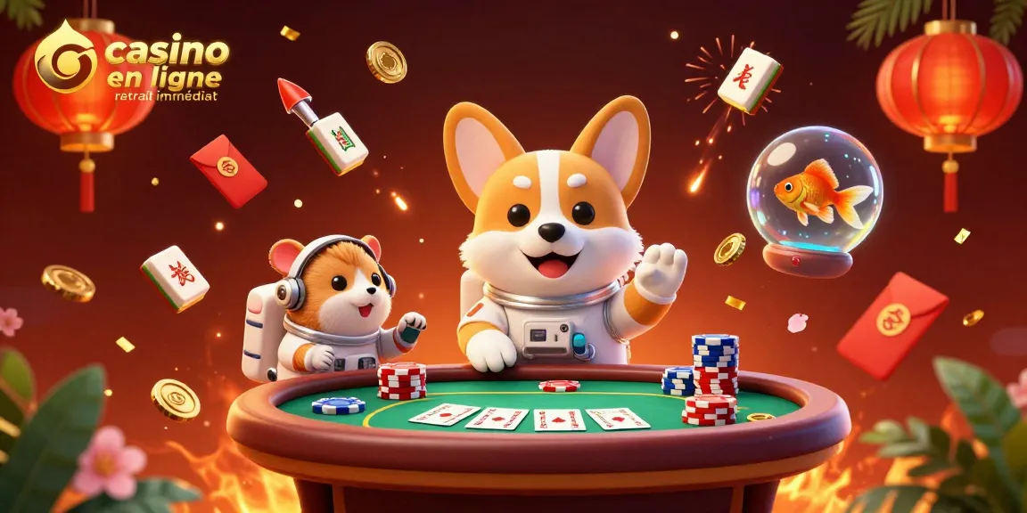 Profitez d'une expérience unique avec le casino en ligne retrait immédiat, illustrée par un corgi astronaute et des éléments ludiques.