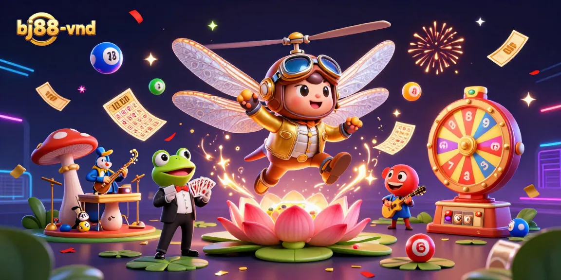 Experience the excitement of bj88-vnd with a dynamic 3D casino scene featuring vibrant characters and game elements.